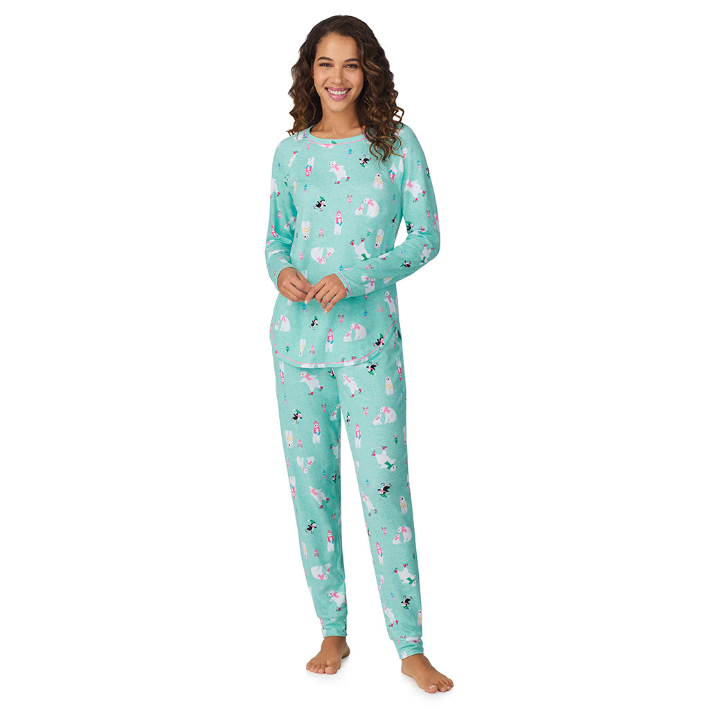 A lady wearing Aqua Polar Bears Brushed Sweater Knit Long Sleeve Top with Jogger 2-Pc Pajama Set