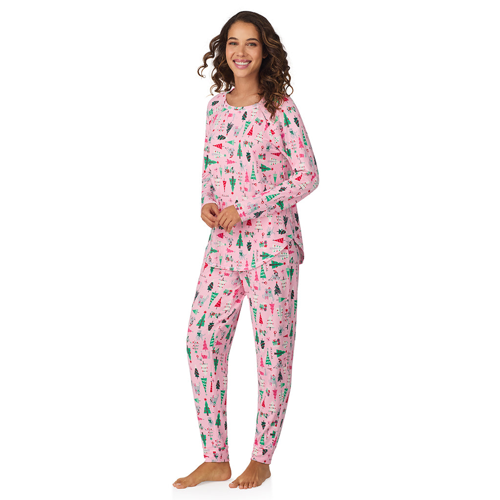 A lady wearing Pink Holiday Trees Brushed Sweater Knit Long Sleeve Top with Jogger 2-Pc Pajama Set