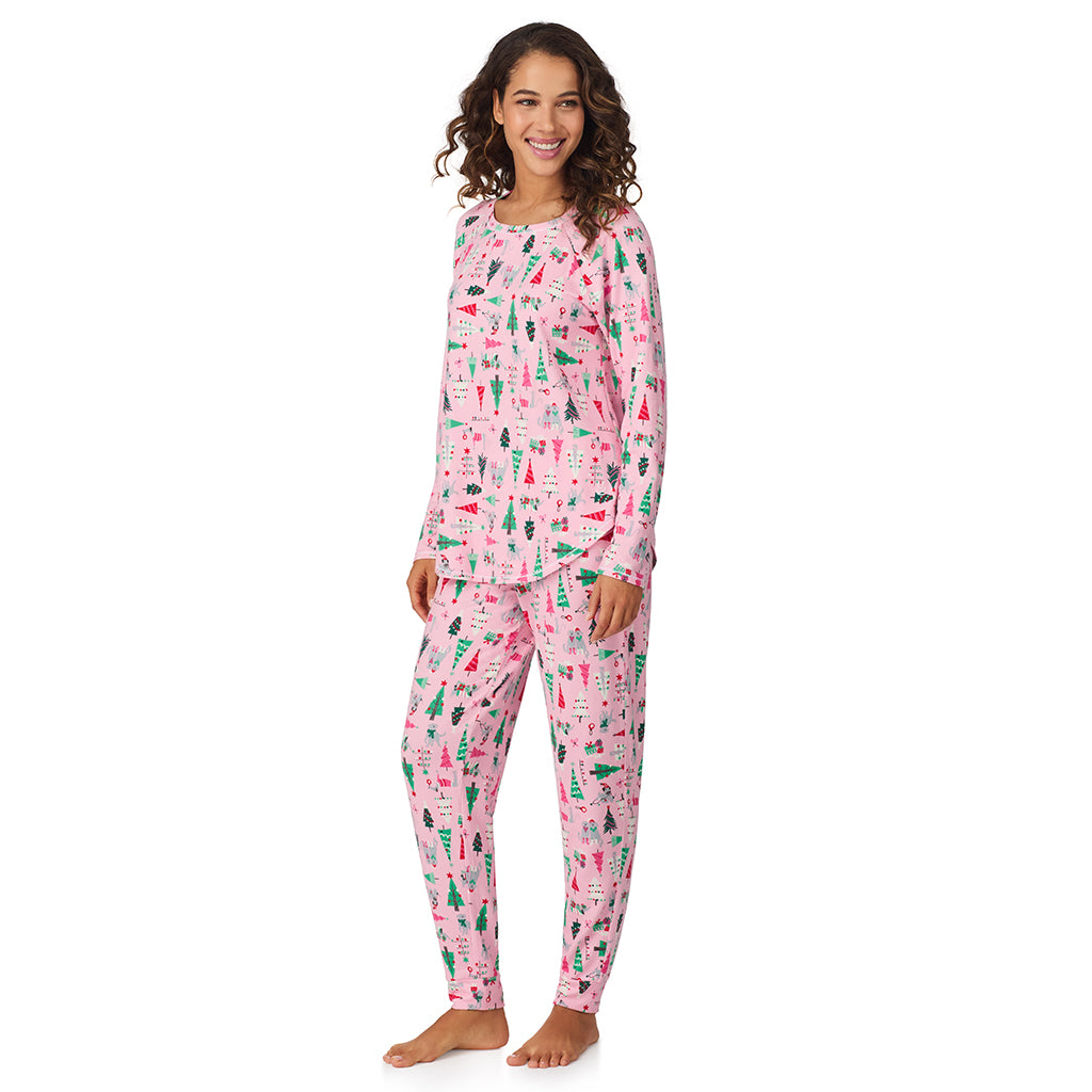 Pink Holiday Trees;Model is wearing size S. She is 5’9”, Bust 34”, Waist 23”, Hips 35”.@A lady wearing Pink Holiday Trees Brushed Sweater Knit Long Sleeve Top with Jogger 2-Pc Pajama Set