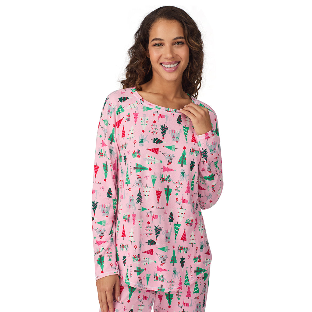 Pink Holiday Trees;Model is wearing size S. She is 5’9”, Bust 34”, Waist 23”, Hips 35”.@A lady wearing Pink Holiday Trees Brushed Sweater Knit Long Sleeve Top with Jogger 2-Pc Pajama Set