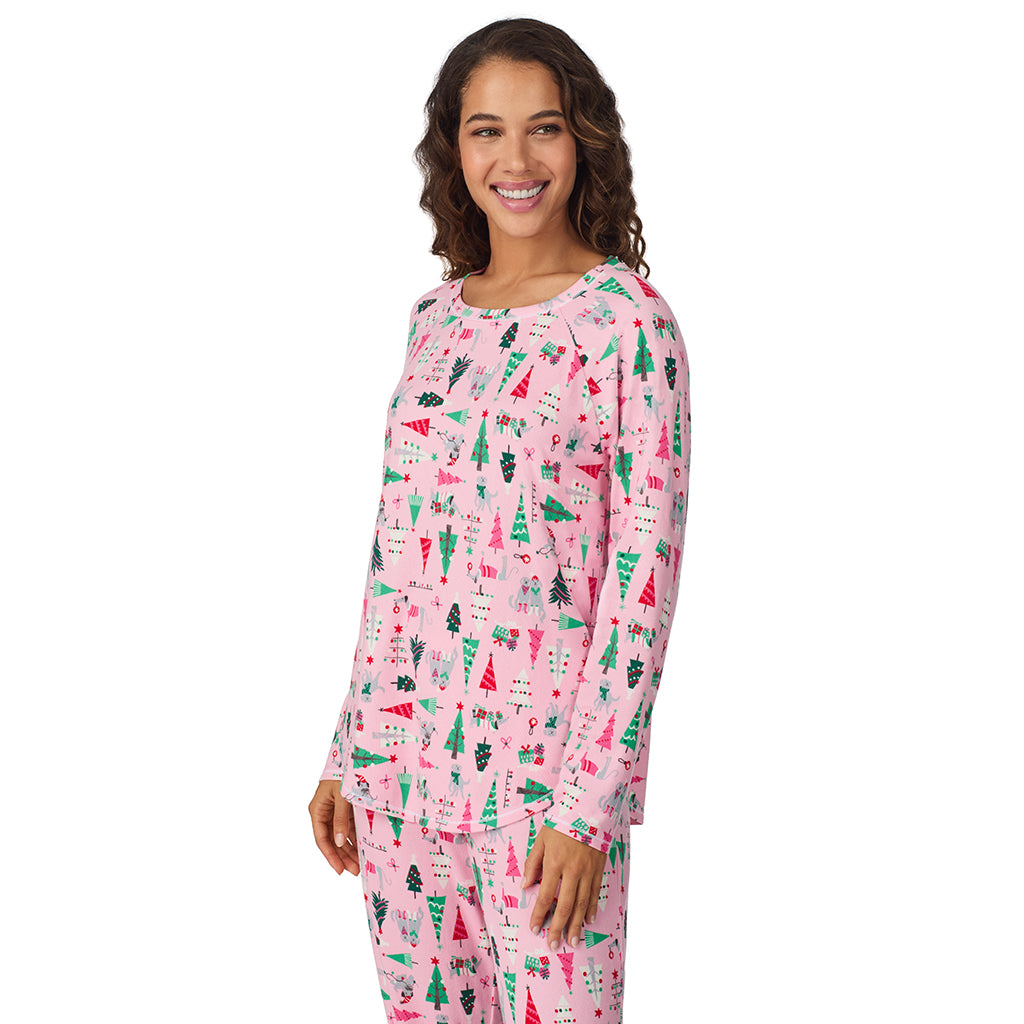 A lady wearing Pink Holiday Trees Brushed Sweater Knit Long Sleeve Top with Jogger 2-Pc Pajama Set