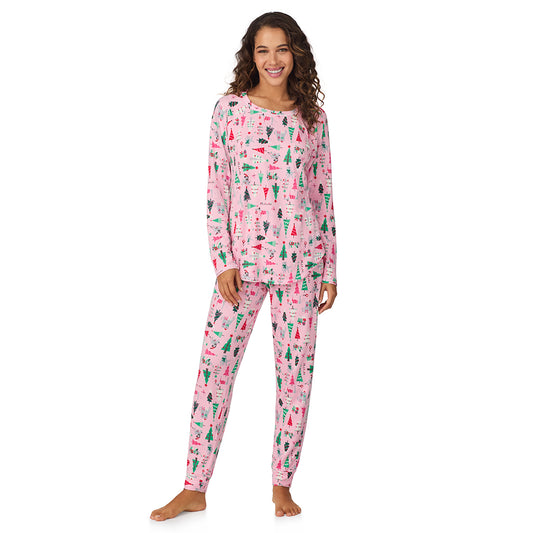 A lady wearing Pink Holiday Trees Brushed Sweater Knit Long Sleeve Top with Jogger 2-Pc Pajama Set