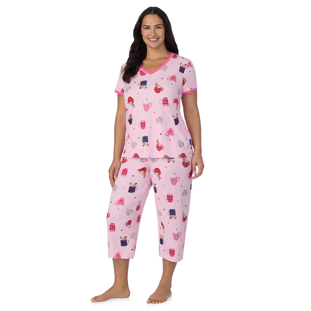 A lady wearing Pink Latte Cotton-Blend Short Sleeve Top with Cropped Pant 2-Pc Pajama Set PLUS 