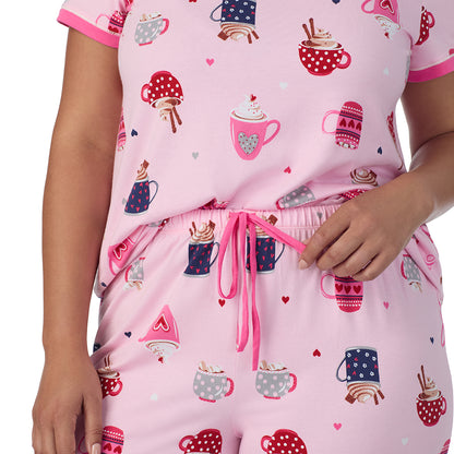 Pink Latte;Model is wearing size 1X. She is 5'10", Bust 40", Waist 33", Hips 47".@A lady wearing Pink Latte Cotton-Blend Short Sleeve Top with Cropped Pant 2-Pc Pajama Set PLUS !57% Cotton, 38% Modal, 5% Spandex!