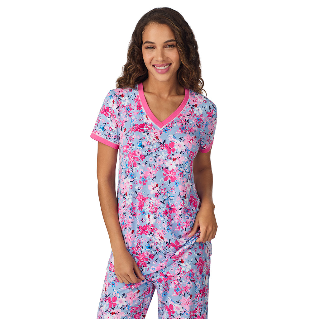 Cotton Blend Short Sleeve Top with Cropped Pant 2 Pc Pajama Set