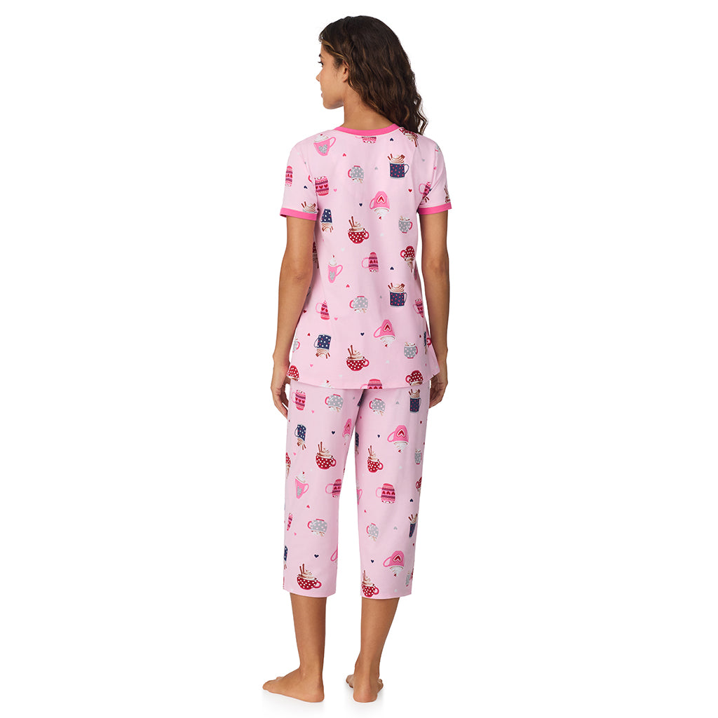 Cotton Blend Short Sleeve Top with Cropped Pant 2 Pc Pajama Set