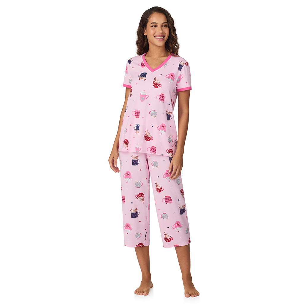 Pink Latte;Model is wearing size S. She is 5’9”, Bust 34”, Waist 23”, Hips 35”.@A lady wearing Pink Latte Cotton-Blend Short Sleeve Top with Cropped Pant 2-Pc Pajama Set !57% Cotton, 38% Modal, 5% Spandex!