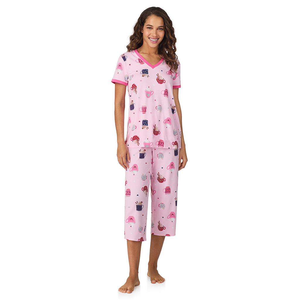 A lady wearing Pink Latte Cotton-Blend Short Sleeve Top with Cropped Pant 2-Pc Pajama Set 