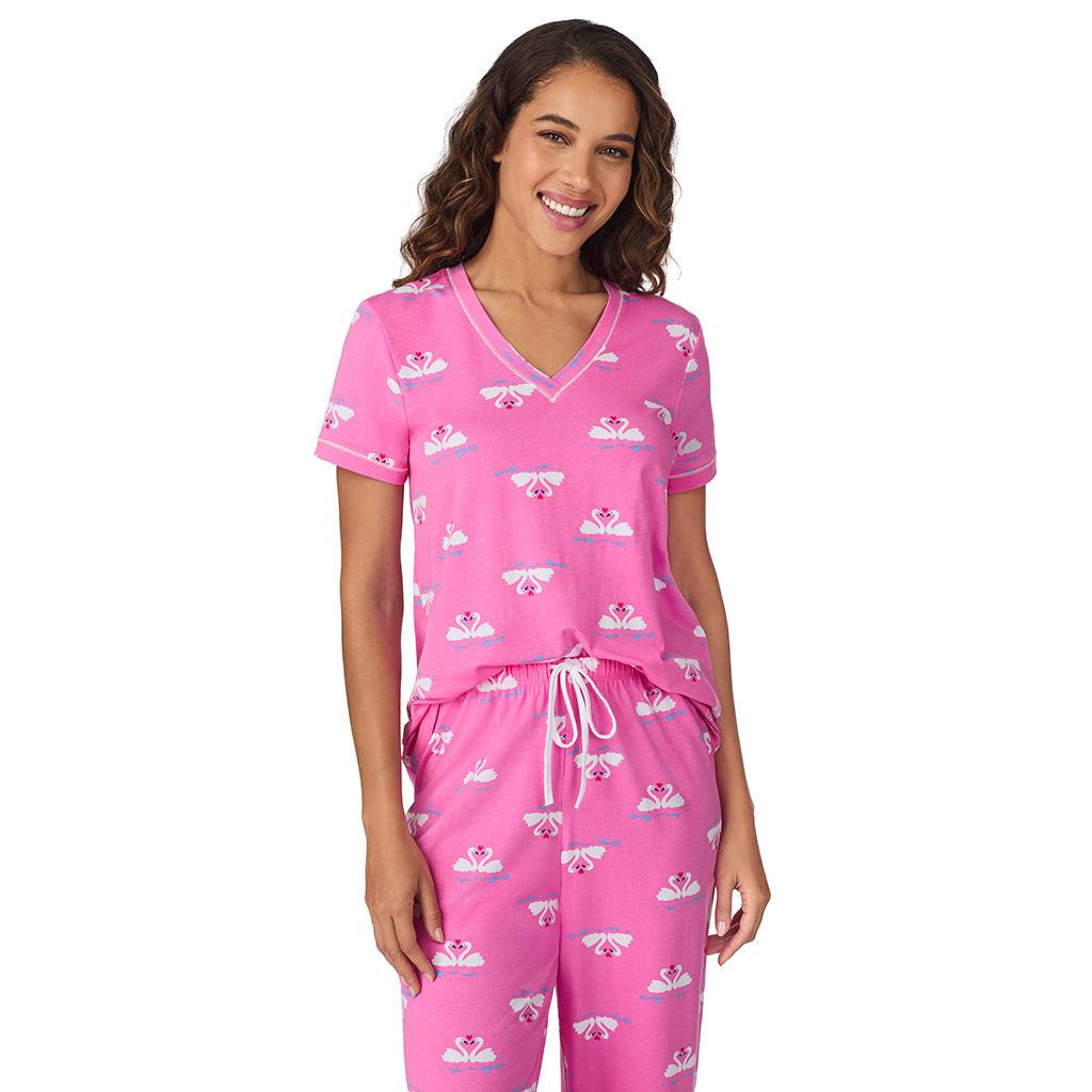 Pink Swans;Model is wearing size S. She is 5’9”, Bust 34”, Waist 23”, Hips 35”.@A lady wearing Pink Swans Cotton-Blend Short Sleeve Top with Cropped Pant 2-Pc Pajama Set !57% Cotton, 38% Modal, 5% Spandex!