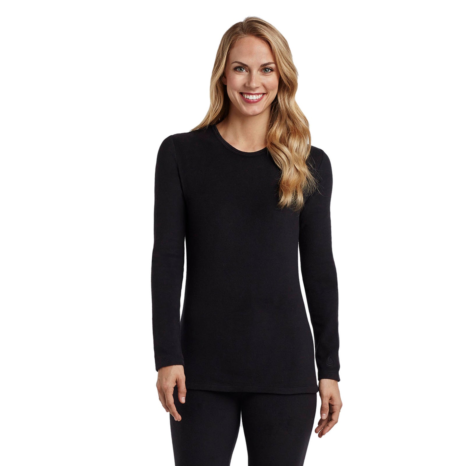 Black; Model is wearing size S. She is 5’9”, Bust 32”, Waist 25.5”, Hips 36”.@upper body of A lady wearing black Long Sleeve Crew !59% Polyester, 35% Recycled Polyester, 6% Spandex!