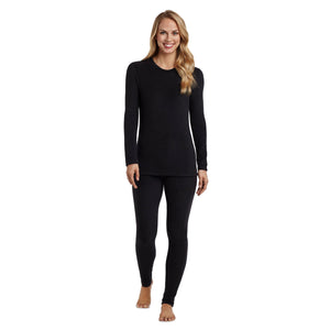 upper body of A lady wearing black Long Sleeve Crew !59% Polyester, 35% Recycled Polyester, 6% Spandex!