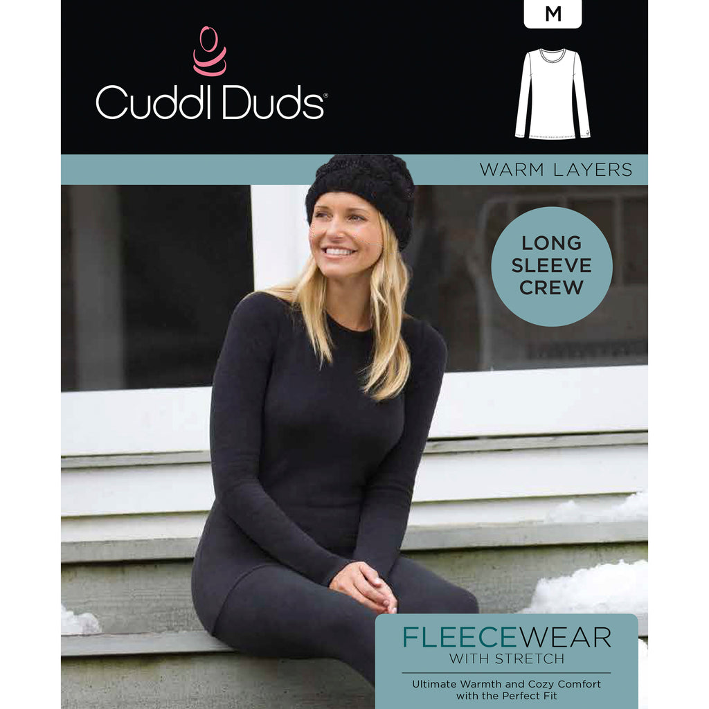 upper body of A lady wearing black Long Sleeve Crew !59% Polyester, 35% Recycled Polyester, 6% Spandex!