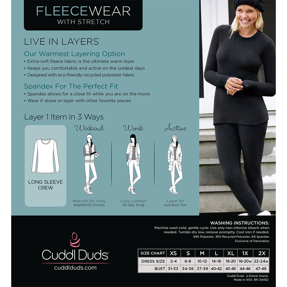upper body of A lady wearing black Long Sleeve Crew !59% Polyester, 35% Recycled Polyester, 6% Spandex!