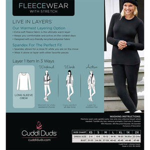 upper body of A lady wearing black Long Sleeve Crew !59% Polyester, 35% Recycled Polyester, 6% Spandex!