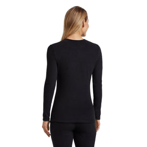 upper body of A lady wearing black Long Sleeve Crew !59% Polyester, 35% Recycled Polyester, 6% Spandex!