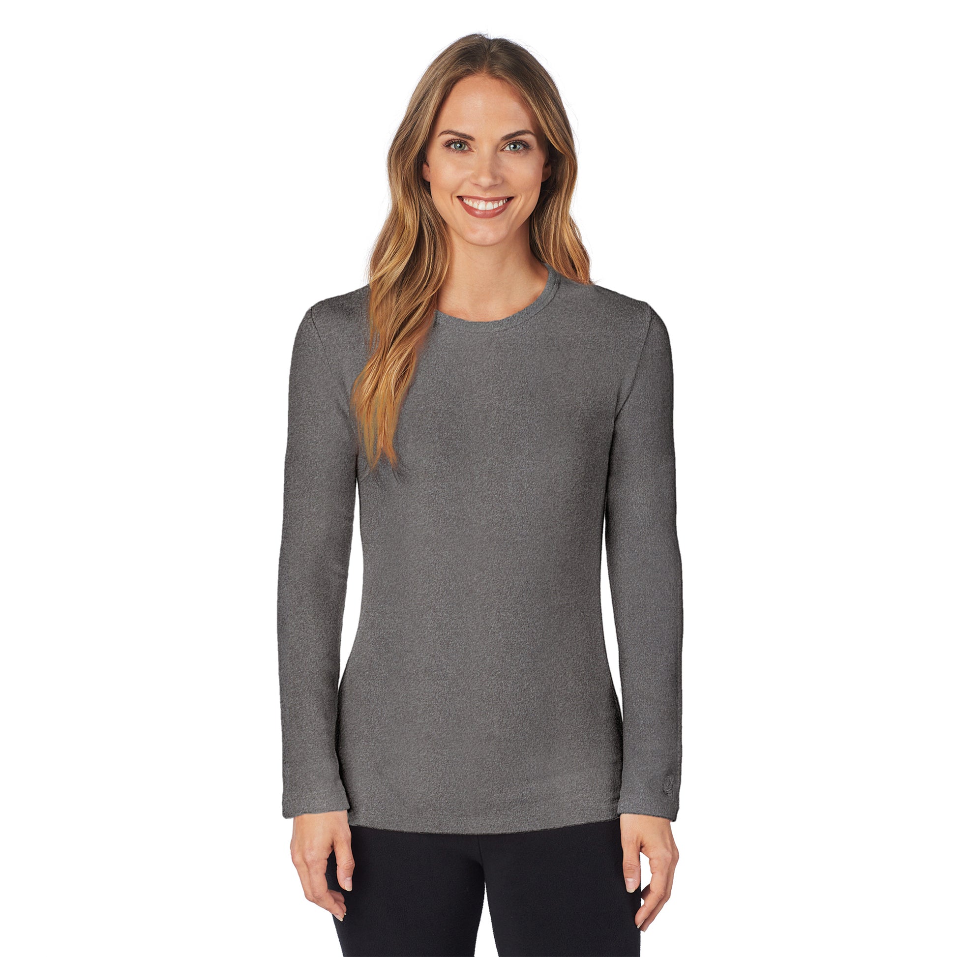 Charcoal Heather; Model is wearing size S. She is 5’9”, Bust 32”, Waist 25.5”, Hips 36”.@upper body of A lady wearing Charcoal Heather Long Sleeve Crew