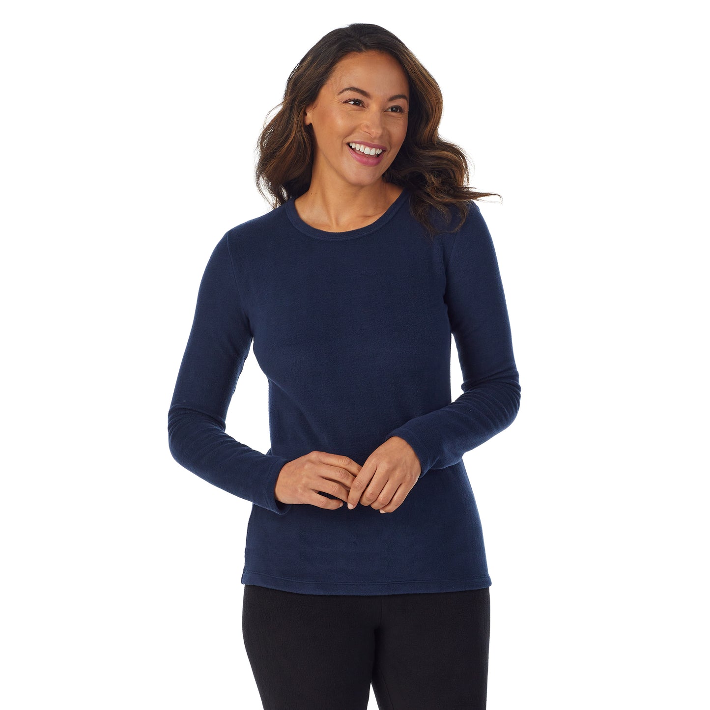 Navy Blazer; Model is wearing size S. She is 5'8", Bust 34", Waist 24.5", Hips 35".@ A Lady is wearing a Navy Blazer Fleecewear With Stretch Long Sleeve Crew TALL !94% Recycled Polyester, 6% Spandex!