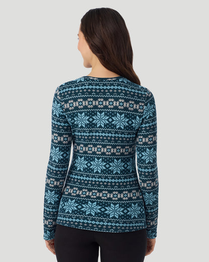 A lady wearing Emerald Fairisle Fleecewear with Stretch Long Sleeve Crew TALL in a back view pose