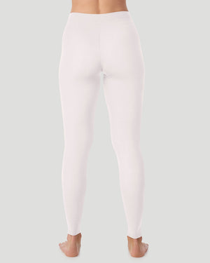 A lady wearing a charcoal heather stretch legging plus.