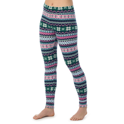 Green Pink Fairisle; Model is wearing a size S. She is 5’9”, Bust 34”, Waist 25”, Hips 36”@ A Lasy is wearing a Green Pink Fairisle Fleecewear With Stretch Legging TALL !94% Recycled Polyester, 6% Spandex!