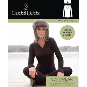 A lady wearing black long sleeve v-neck tall softwear with stretch top.