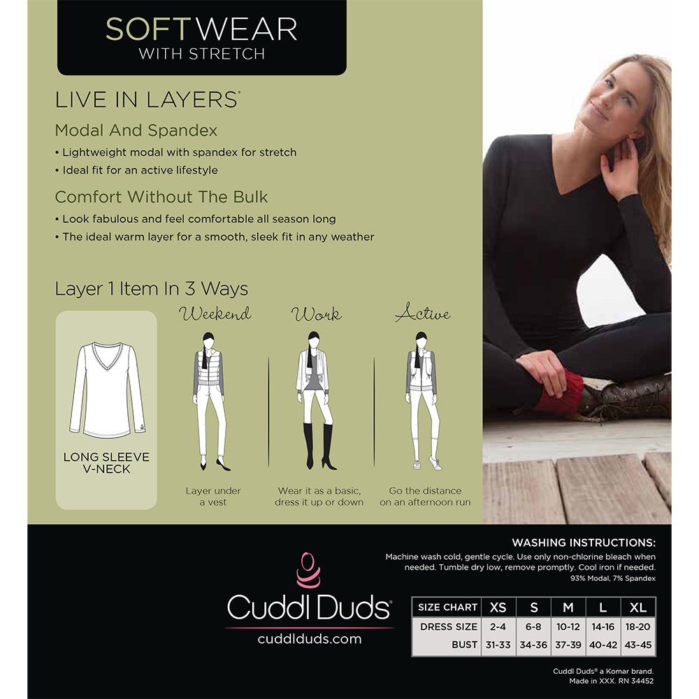 A lady wearing black long sleeve v-neck tall softwear with stretch top.