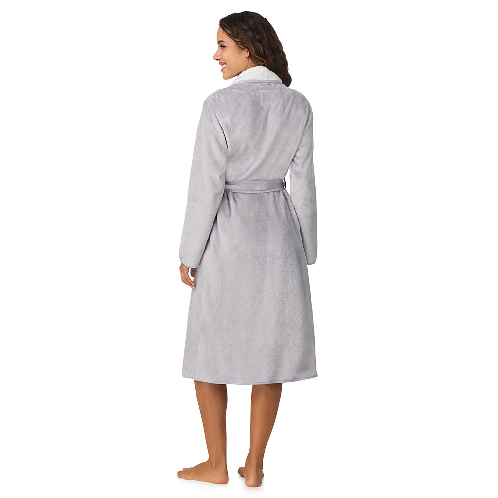 Silver Grey;Model is wearing size S. She is 5’9”, Bust 34”, Waist 23”, Hips 35”.@A lady wearing Silver Grey Chenille Wrap Robe