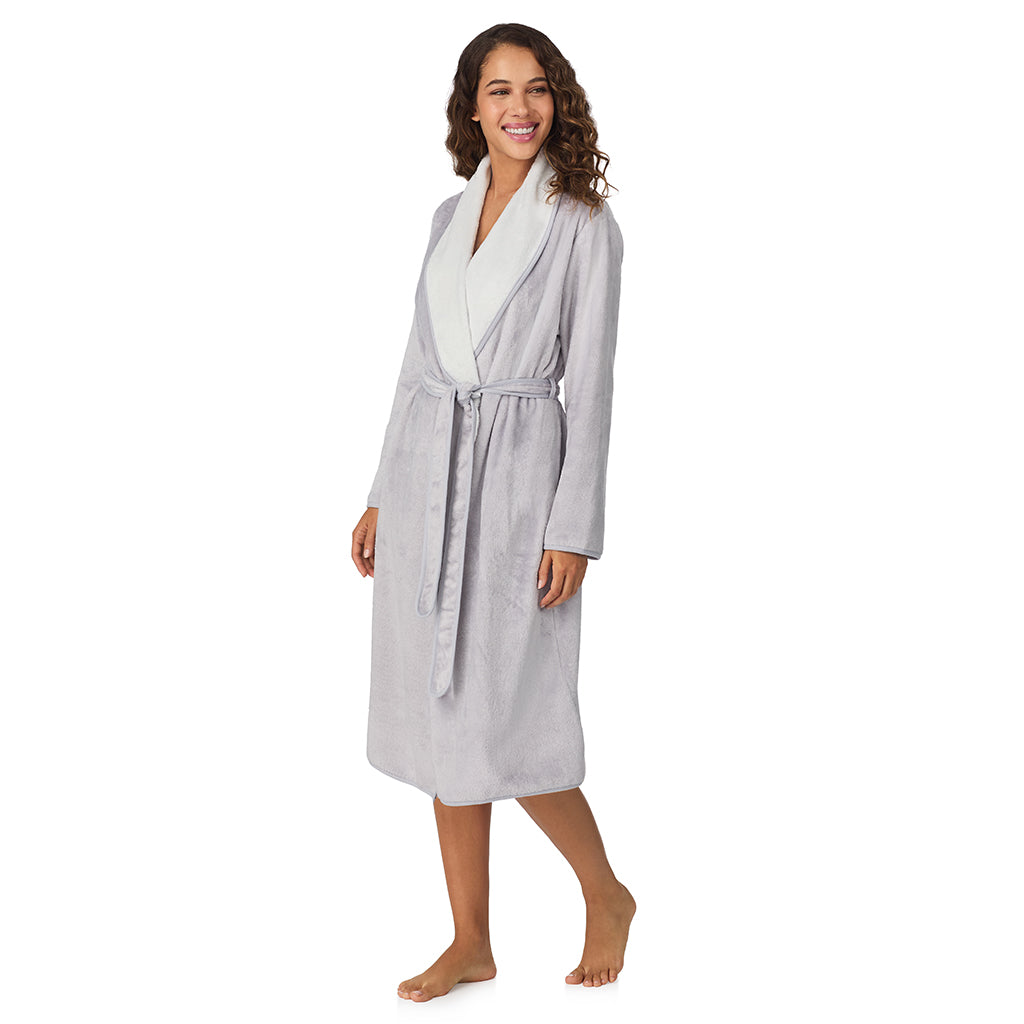 A lady wearing Silver Grey Chenille Wrap Robe