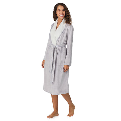 Silver Grey;Model is wearing size S. She is 5’9”, Bust 34”, Waist 23”, Hips 35”.@A lady wearing Silver Grey Chenille Wrap Robe