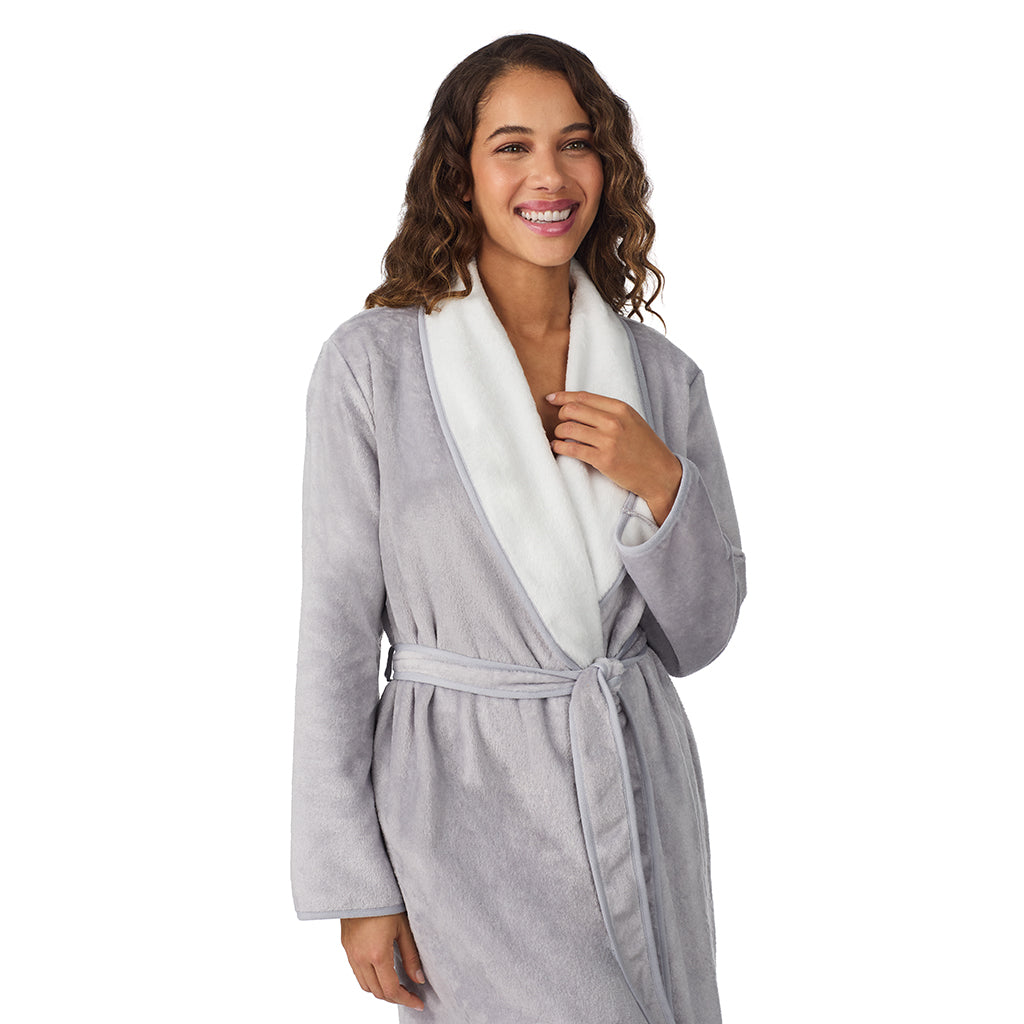 Silver Grey;Model is wearing size S. She is 5’9”, Bust 34”, Waist 23”, Hips 35”.@A lady wearing Silver Grey Chenille Wrap Robe