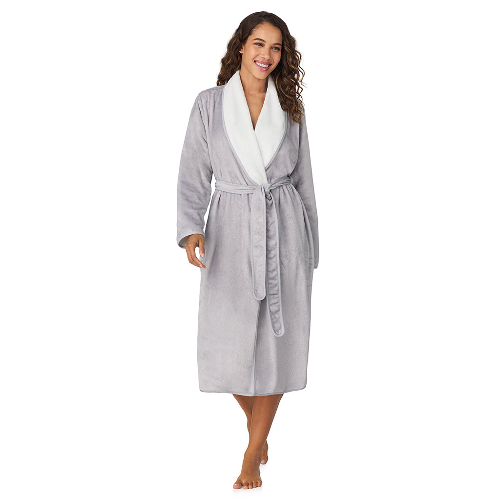 A lady wearing Silver Grey Chenille Wrap Robe