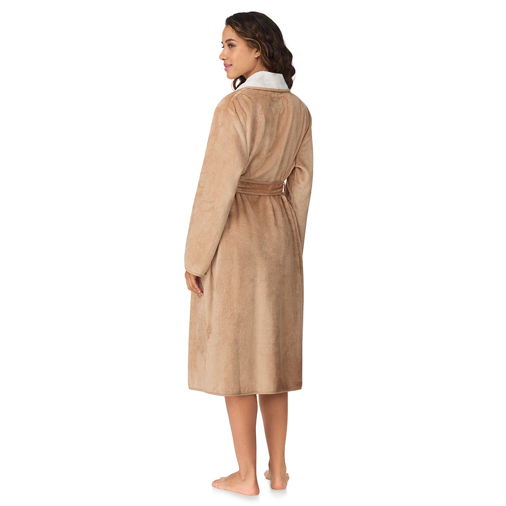 Caramel;Model is wearing size S. She is 5’9”, Bust 34”, Waist 23”, Hips 35”.@A lady wearing Caramel Chenille Wrap Robe