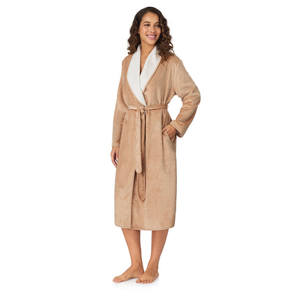 Caramel;Model is wearing size S. She is 5’9”, Bust 34”, Waist 23”, Hips 35”.@A lady wearing Caramel Chenille Wrap Robe