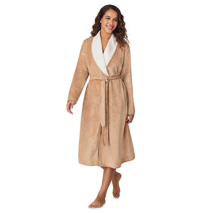 Caramel;Model is wearing size S. She is 5’9”, Bust 34”, Waist 23”, Hips 35”.@A lady wearing Caramel Chenille Wrap Robe