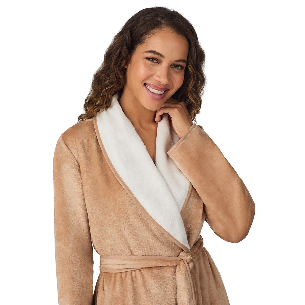 Caramel;Model is wearing size S. She is 5’9”, Bust 34”, Waist 23”, Hips 35”.@A lady wearing Caramel Chenille Wrap Robe