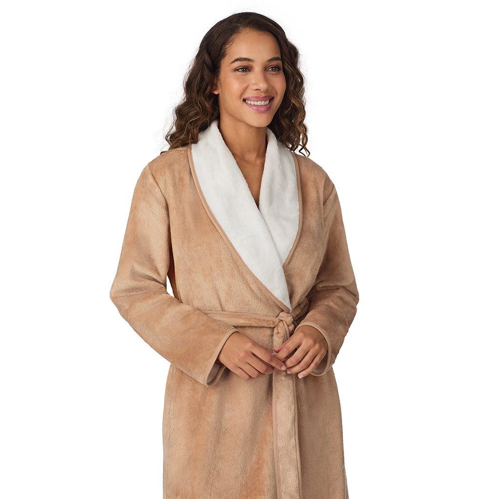 Caramel;Model is wearing size S. She is 5’9”, Bust 34”, Waist 23”, Hips 35”.@A lady wearing Caramel Chenille Wrap Robe