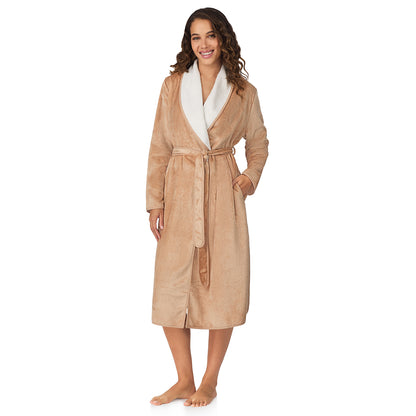 Caramel;Model is wearing size S. She is 5’9”, Bust 34”, Waist 23”, Hips 35”.@A lady wearing Caramel Chenille Wrap Robe