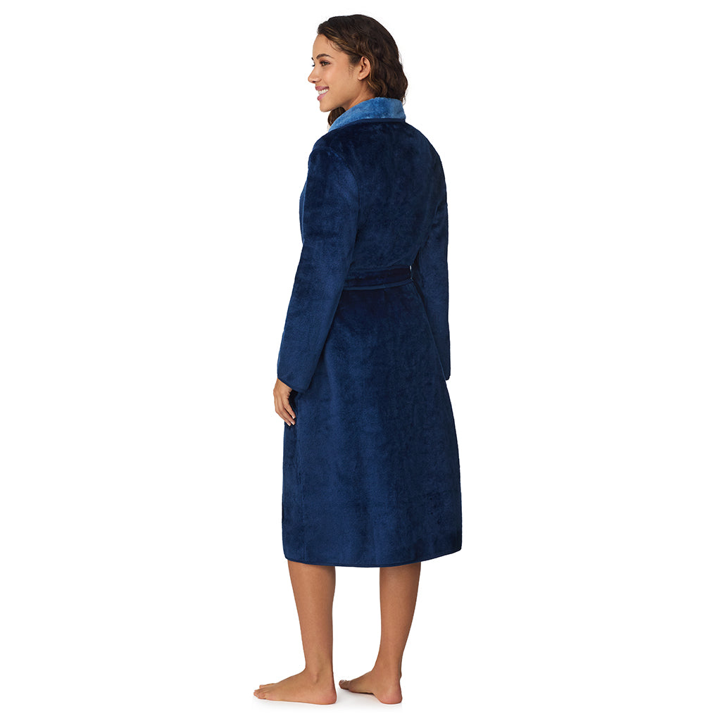 A lady wearing Navy Charm Chenille Wrap Robe