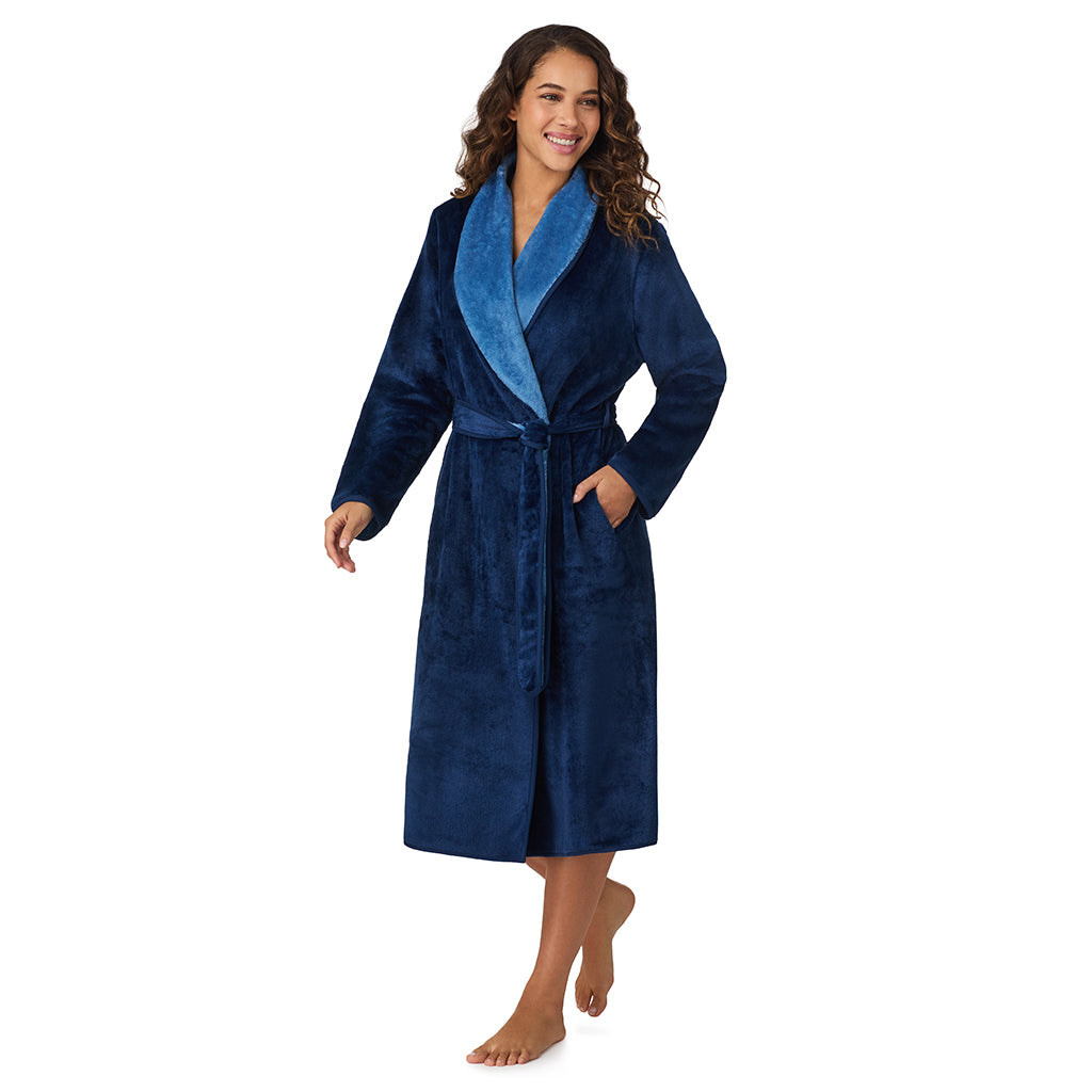 A lady wearing Navy Charm Chenille Wrap Robe