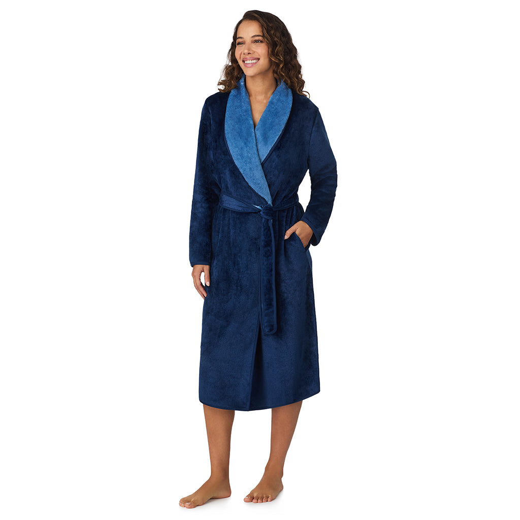 A lady wearing Navy Charm Chenille Wrap Robe