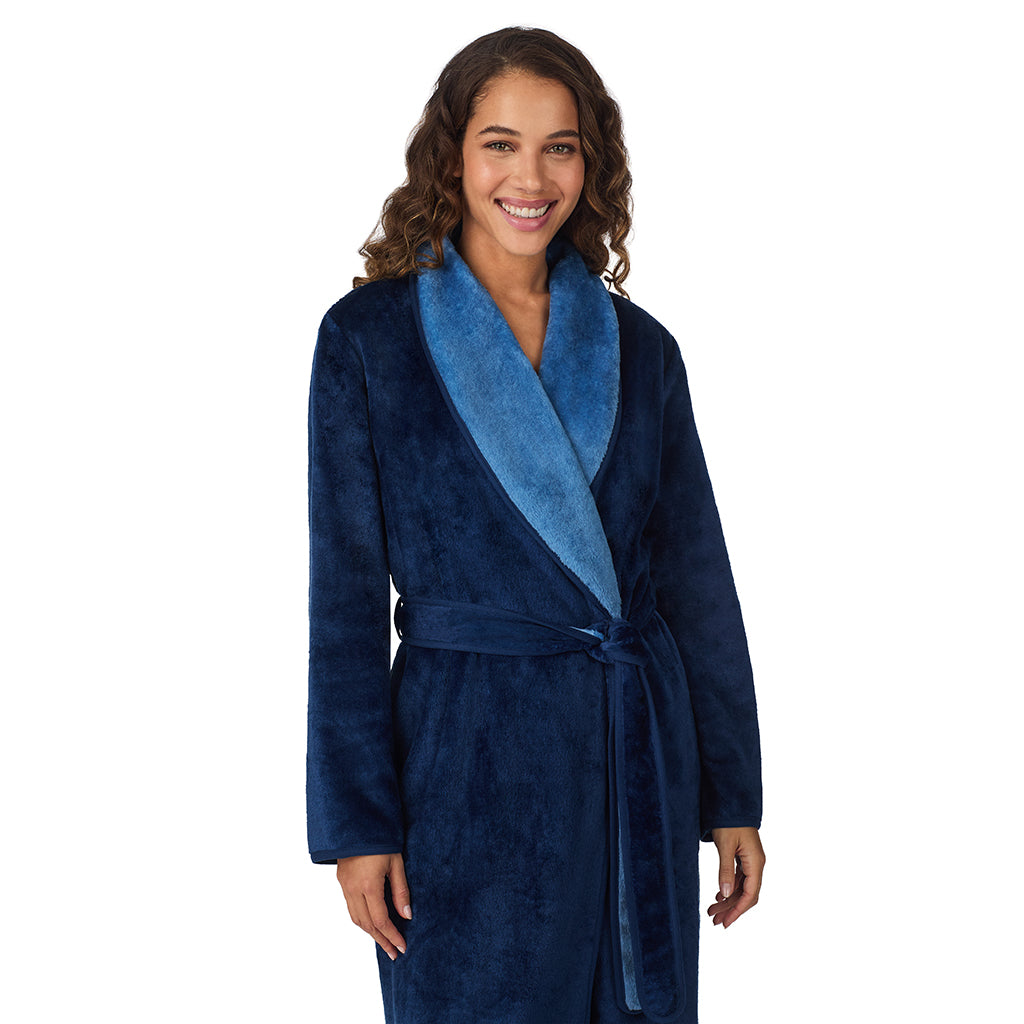 Navy Charm;Model is wearing size S. She is 5’9”, Bust 34”, Waist 23”, Hips 35”.@A lady wearing Navy Charm Chenille Wrap Robe