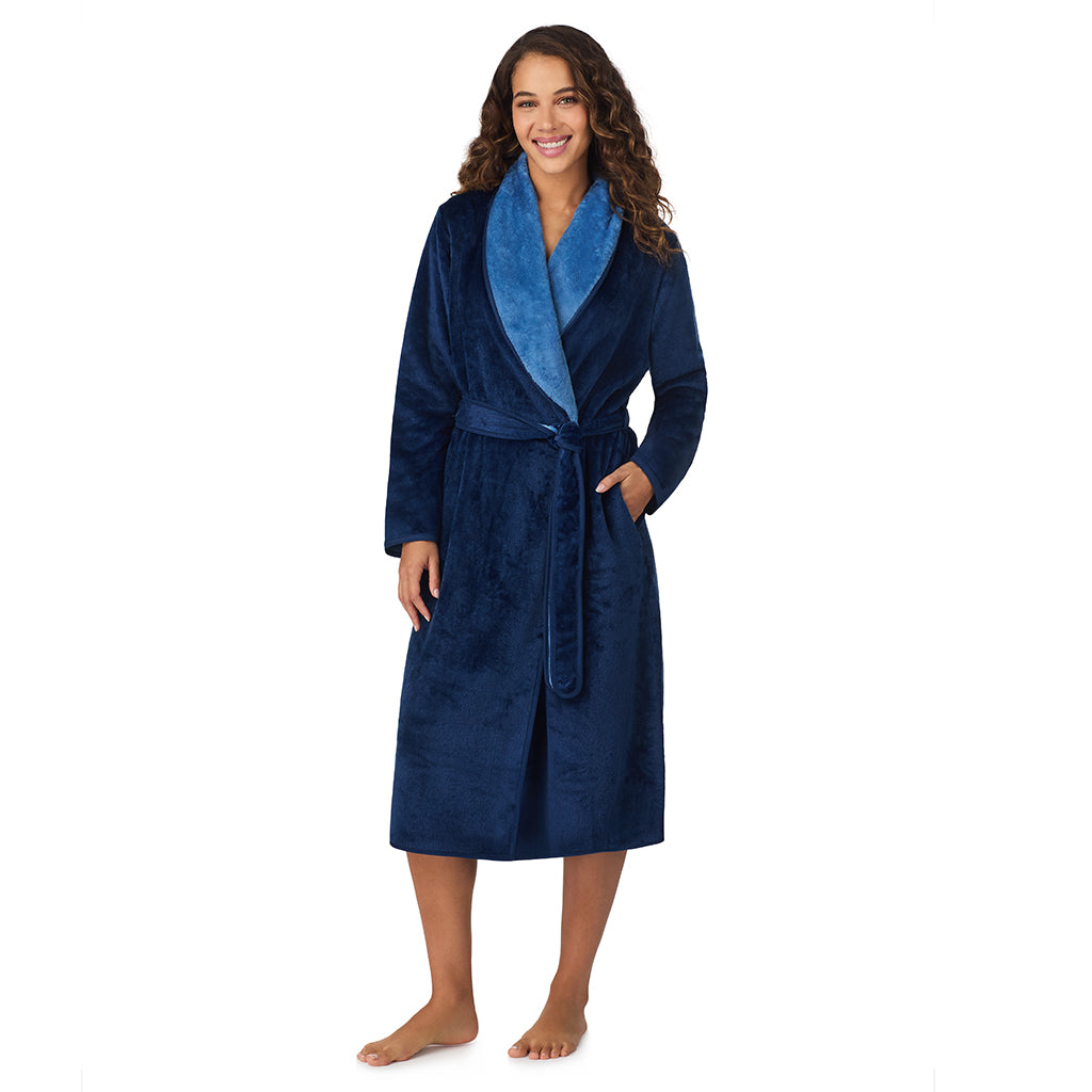 A lady wearing Navy Charm Chenille Wrap Robe