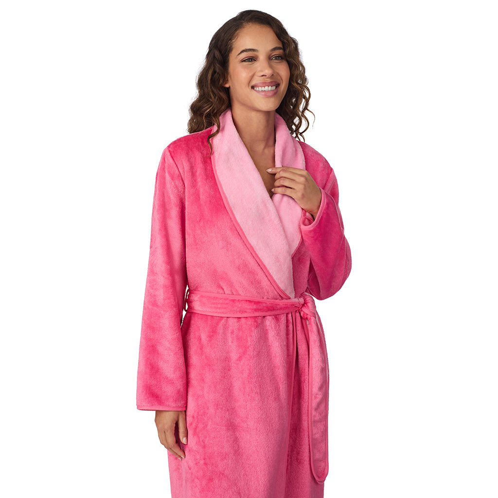 A lady wearing Wild Pink Chenille Wrap Robe