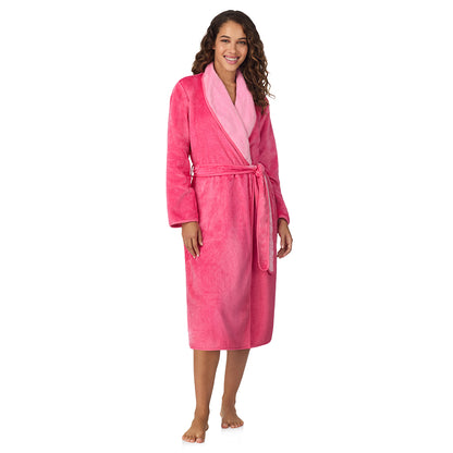 Wild Pink;Model is wearing size S. She is 5’9”, Bust 34”, Waist 23”, Hips 35”.@A lady wearing Wild Pink Chenille Wrap Robe