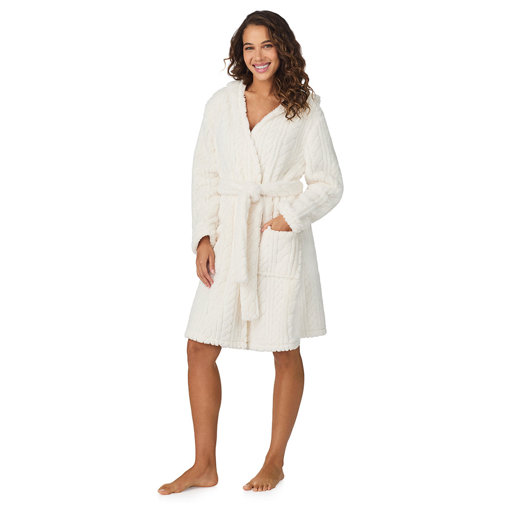 Ivory;Model is wearing size S. She is 5’9”, Bust 34”, Waist 23”, Hips 35”.@A lady wearing Ivory Cable Jacquard Sherpa Wrap Robe with Hood