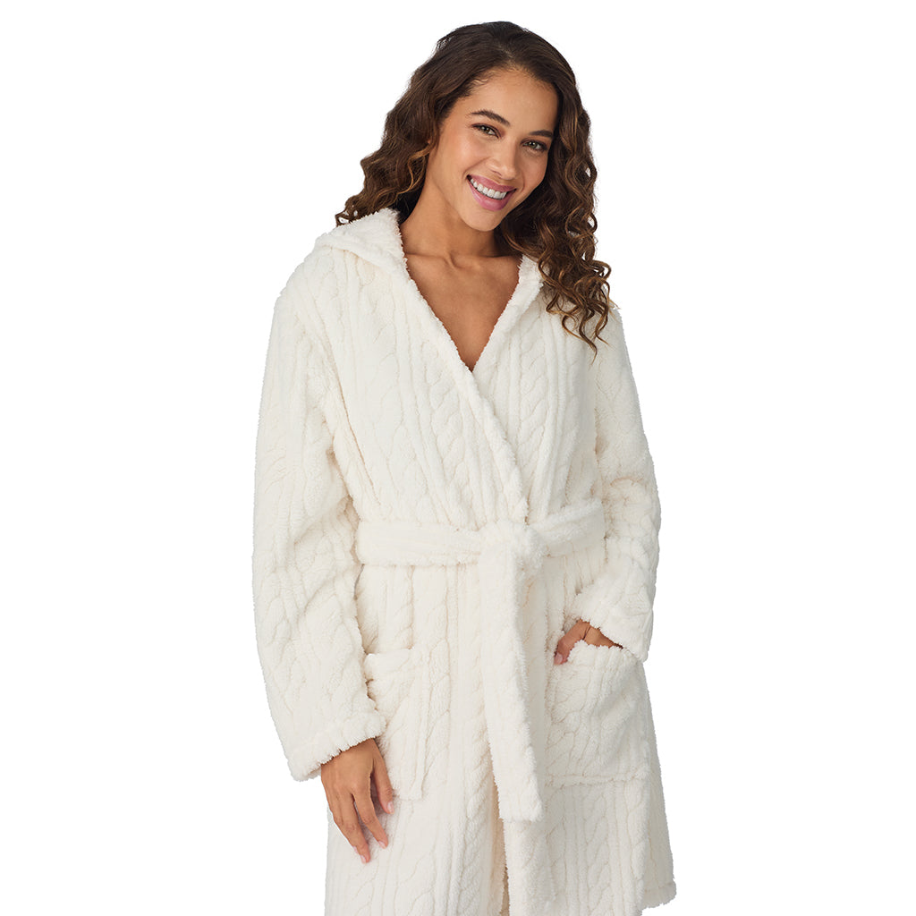 Ivory;Model is wearing size S. She is 5’9”, Bust 34”, Waist 23”, Hips 35”.@A lady wearing Ivory Cable Jacquard Sherpa Wrap Robe with Hood