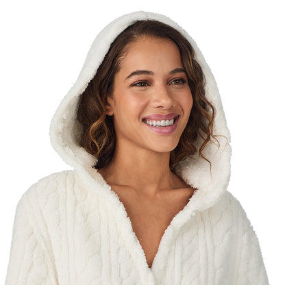 Ivory;Model is wearing size S. She is 5’9”, Bust 34”, Waist 23”, Hips 35”.@A lady wearing Ivory Cable Jacquard Sherpa Wrap Robe with Hood