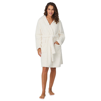 Ivory;Model is wearing size S. She is 5’9”, Bust 34”, Waist 23”, Hips 35”.@A lady wearing Ivory Cable Jacquard Sherpa Wrap Robe with Hood