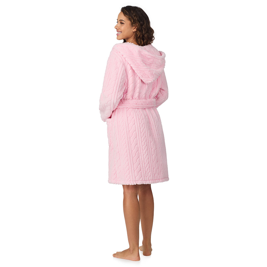 Powder Pink;Model is wearing size S. She is 5’9”, Bust 34”, Waist 23”, Hips 35”.@A lady wearing Powder Pink Cable Jacquard Sherpa Wrap Robe with Hood