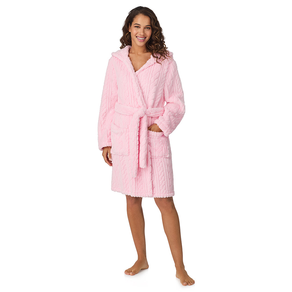 A lady wearing Powder Pink Cable Jacquard Sherpa Wrap Robe with Hood